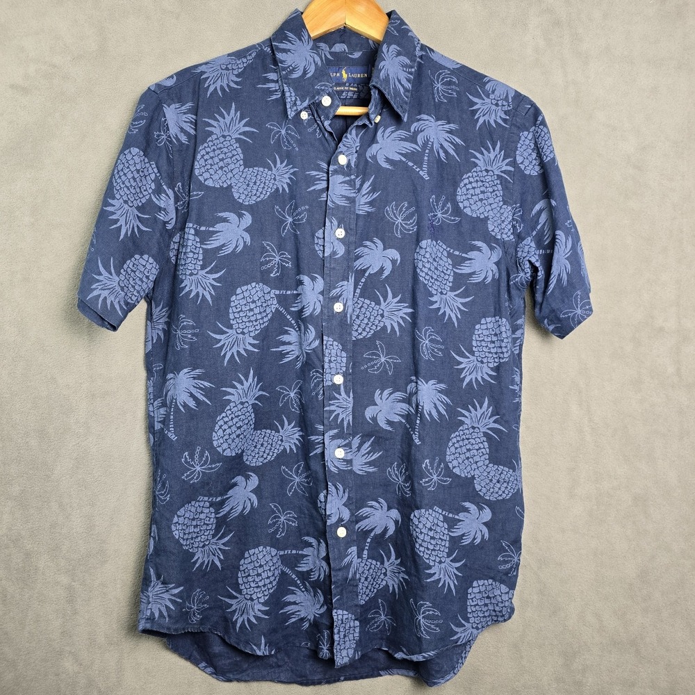 Ralph Lauren INDIGO Blue Pineapple Trees Linen Shirt Men LT Polo Med. C269